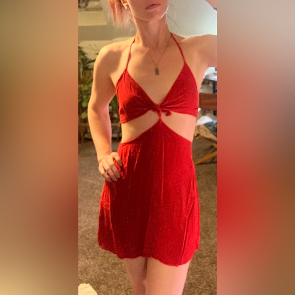 Forever 21 Red Sexy Cutout Tie-Front Halter Mini Dress open side